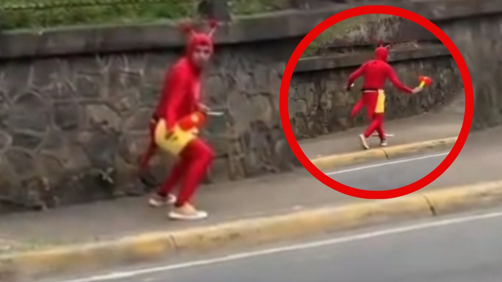 ¡Insólito! Captan al ‘Chapulín Colorado’ caminando en plena vía pública del país